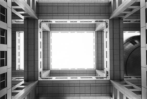 Asia, Japan, Tokyo. Fuji TV Building, looking up, Odaiba