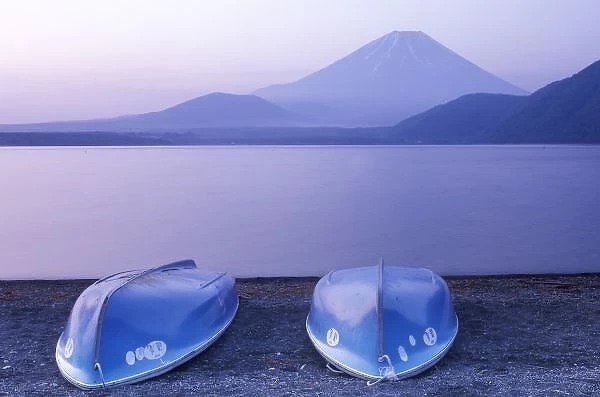 Asia, Japan, Yamanashi, Rowboats on Motosu Lake with Mt. Fuji in the Background