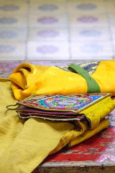 Asia, Mongolia, Ulaanbaatar, Gandantegchinlen (Gandan) Monastery. Cloth prayer booklets