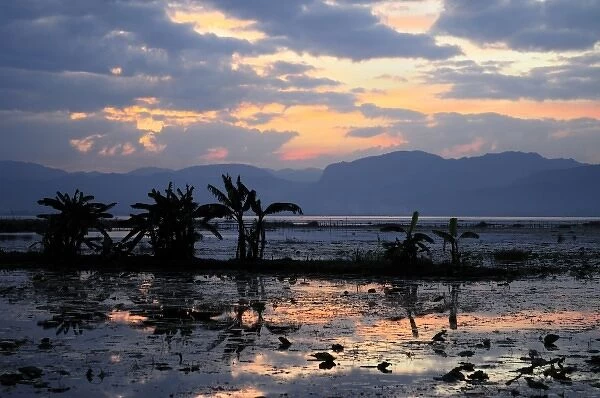 Asia, Myanmar (Burma), Lake Inle. Sunset over Lake Inle