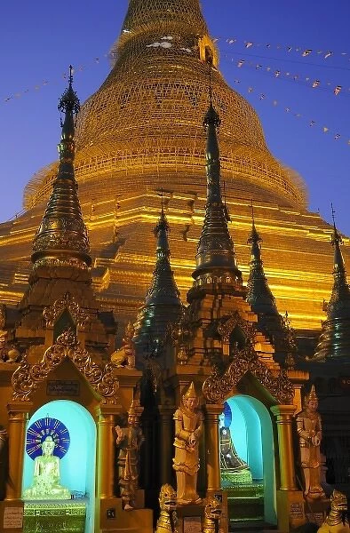 Asia, Myanmar (Burma), Yangon (Rangoon). The Shwedagon Pagoda in Yangon in the evening