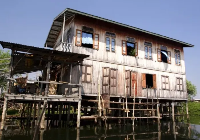 Framed Print : Asia, Myanmar, Inle Lake, Intha stilt house in dry season