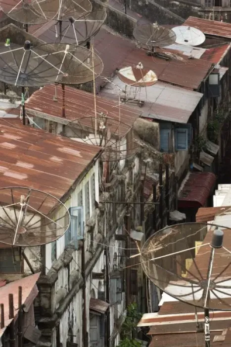 Framed Print : Asia, Myanmar, Yangon, downward view of roof tops and alley