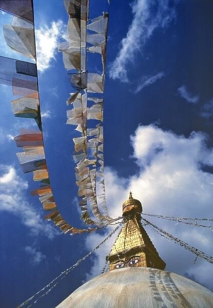 Asia, Nepal, Kathmandu. Prayer flags fill the sky at Bodnath Stupa, Kathmandu, a