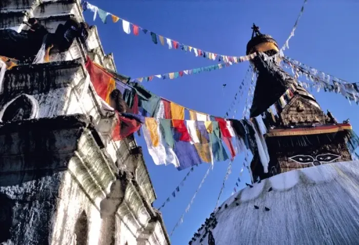 Framed Print : Asia, Nepal, Kathmandu Valley. Bright colored prayer flags flutter in the wind Framed Print : Asia, Nepal, Kathmandu Valley. Bright colored prayer flags flutter in the wind