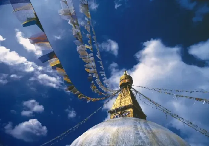 Framed Print : Asia, Nepal, Kathmandu Valley. Flags send prayers to heaven at Bodnath Stupa, Kathmandu