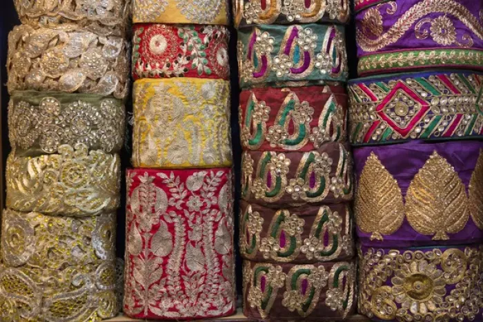 Framed Print : Asia, New Delhi, color brocade materials for sale Framed Print : Asia, New Delhi, color brocade materials for sale