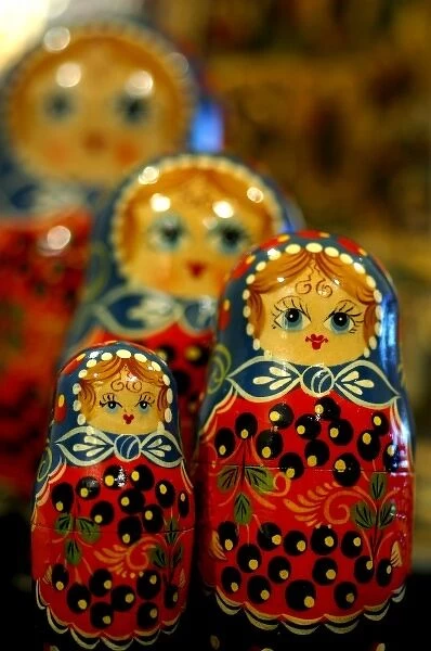 Asia, Russia. Typical Russian handicrafts. Traditional Matrushka (nesting) dolls, select focus