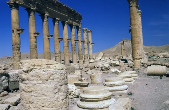Framed Print : Asia, Syria, Palmyra. Colonnade and Arab castle