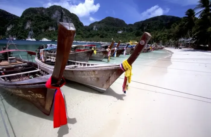 Framed Print : Asia, Thailand, Ko Phi Phi, traditional longtail boats on beach Framed Print : Asia, Thailand, Ko Phi Phi, traditional longtail boats on beach