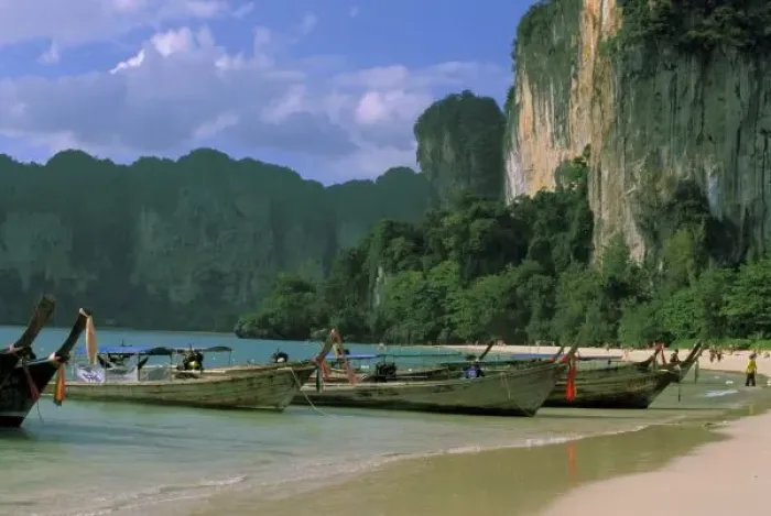 Framed Print : Asia, Thailand, Krabi. West Railay Beach, longtail boats