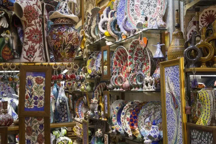 Framed Print : Asia, Turkey, Istanbul, Pottery shop in the Grand Bazaar (Turkish: Kapalancarsan
