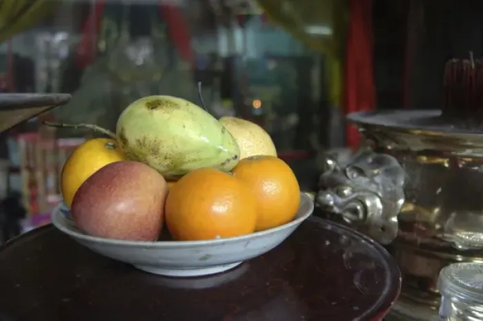 Framed Print : Asia, Vietnam. Fresh fruit in a bowl, Quan Congs Temple, Hoi An, Quang Nam Province