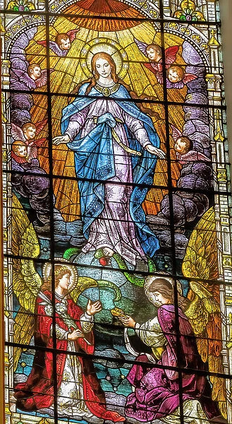 Assumption Virgin Mary stained glass Gesu Church, Miami, Florida. At death, Stained glass built 1920's. Glass by Franz Mayer