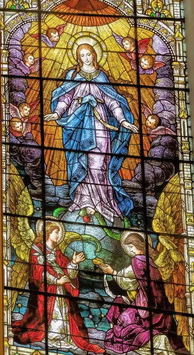 Framed Print : Assumption Virgin Mary stained glass Gesu Church, Miami, Florida. At death, Stained glass built 1920's. Glass by Franz Mayer