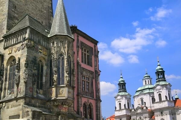 Astronomical clock and St Nicholas Church in Old Town Square, Prague, Czech Republic
