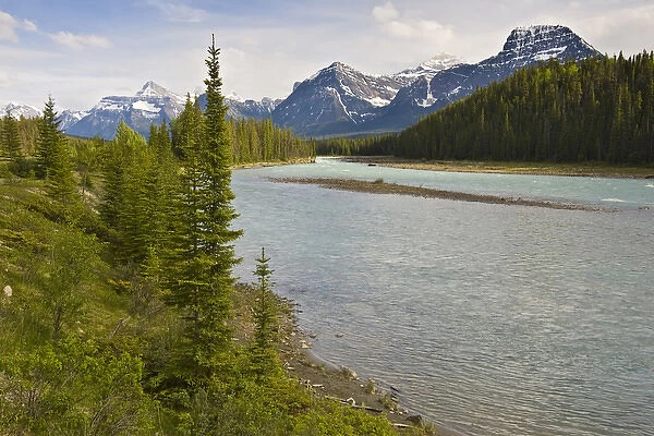 Athabasca River, Jasper National Park, Alberta, Canada, with Rocky Mountains in background