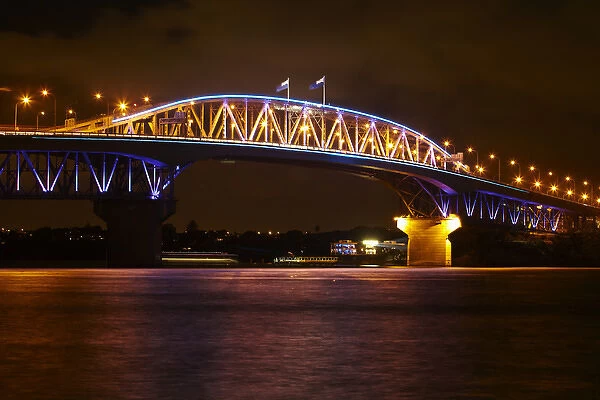 Auckland Harbour Bridge and Waitemata Harbour at night, Auckland, North Island, New