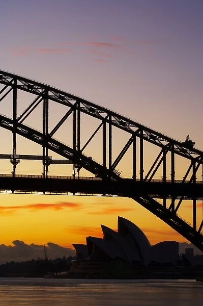 Australia, New South Wales, Sydney, Sydney Harbour Bridge and Sydney Opera House at Dawn