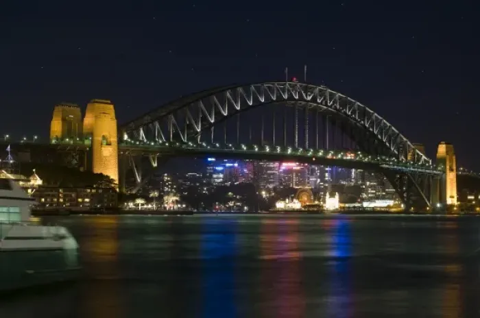 Framed Print : Australia, Sydney. Sydney harbor at night