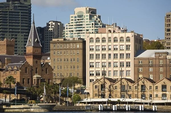 Australia. The Rocks, Sydney waterfront at Sydney Cove and Circular Quay from small boat