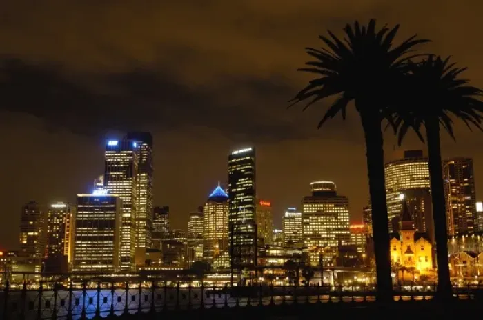 Framed Print : Australia. Sydney skyline at night with the Sydney Harbour in the foreground Framed Print : Australia. Sydney skyline at night with the Sydney Harbour in the foreground