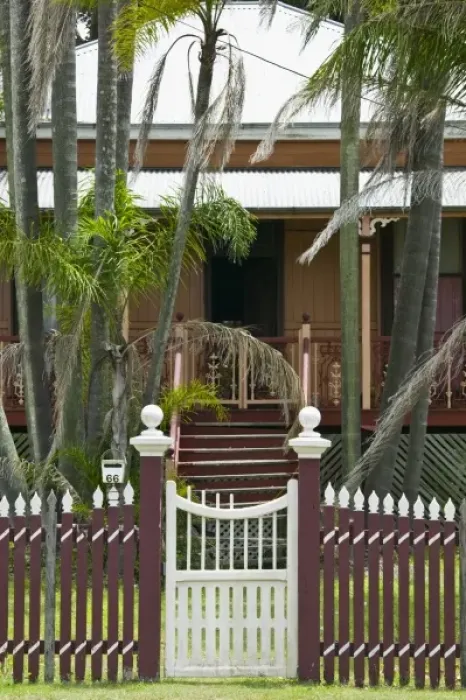 Framed Print : Australia, Queensland, Fraser Coast, Maryborough. Gate outside a Timber Queenslander house Framed Print : Australia, Queensland, Fraser Coast, Maryborough. Gate outside a Timber Queenslander house