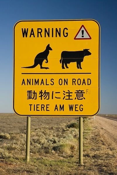 Australia. Animals on Road Warning Sign, Stuart Highway near Port Augusta