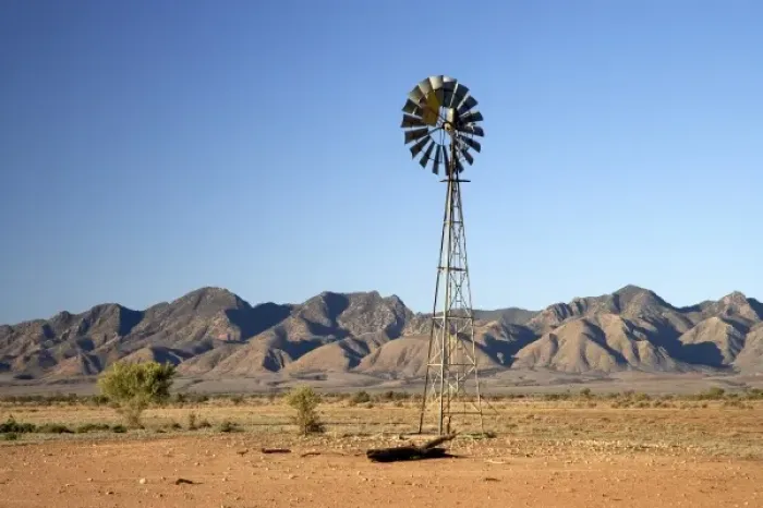 Framed Print : Australia. Windmill and Wilpena Pound, Flinders Ranges, South Australia, Australia