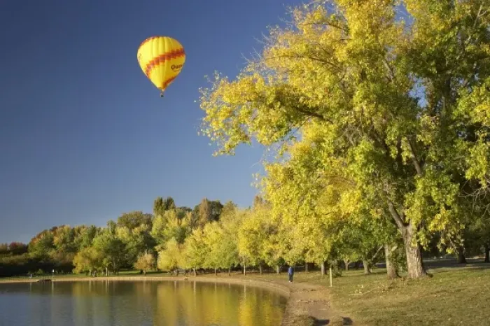 Framed Print : Australia, ACT, Canberra, Hot-Air Balloon and Autumn Colour, Bowen Park, Lake Burley