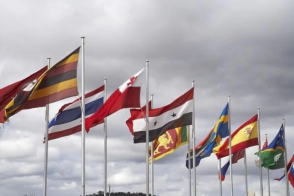Australia, ACT, Canberra, International Flags (L to R, Uganda, Thailand, Tonga, Syria