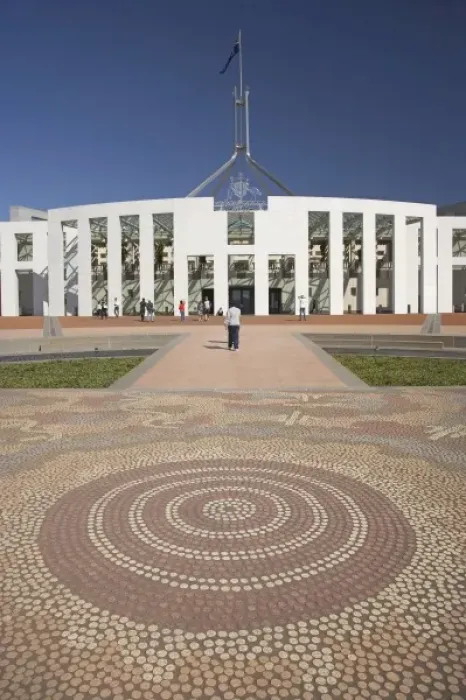 Framed Print : Australia, ACT, Canberra, Mosaic Tile Artwork and Parliament House, Capital Hill