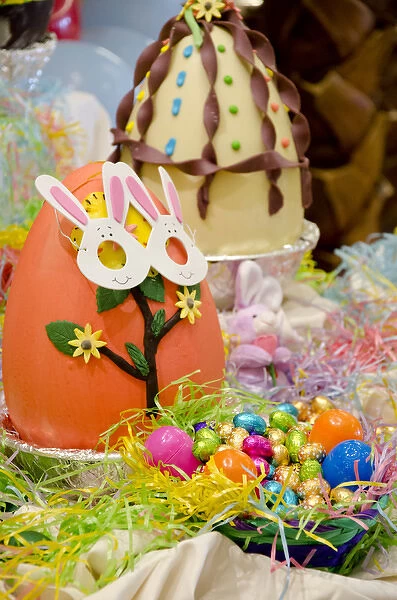 Australia. Easter display of large decorated chocolate eggs and holiday candy