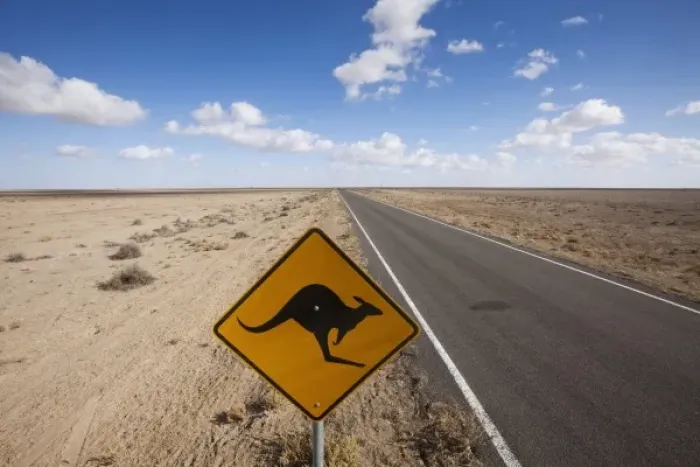 Framed Print : Australia, New South Wales, Kangaroo Crossing Sign in Outback on summer morning Framed Print : Australia, New South Wales, Kangaroo Crossing Sign in Outback on summer morning