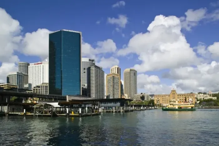 Framed Print : Australia, New South Wales (NSW), Sydney. Tall Buildings along the ferry piers of Sydney Cove