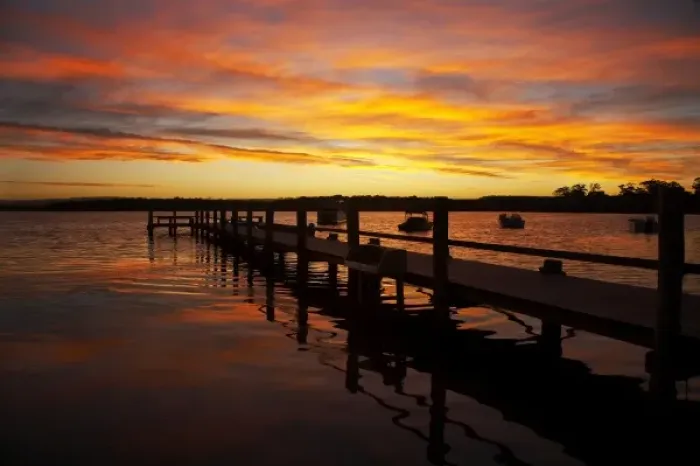 Framed Print : Australia, New South Wales, Shoalhaven, Sunset over Jetty, St Georges Basin