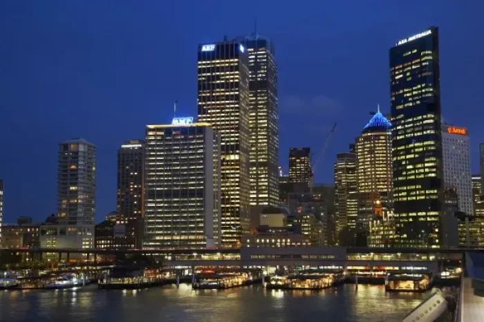 Framed Print : Australia, New South Wales, Sydney, Sydney Central Business District and Passenger Ferry Terminal at Night Framed Print : Australia, New South Wales, Sydney, Sydney Central Business District and Passenger Ferry Terminal at Night