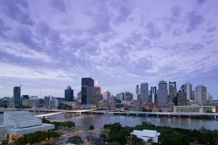Framed Print : AUSTRALIA, Queensland, Brisbane. City Skyline from Southbank / Evening Framed Print : AUSTRALIA, Queensland, Brisbane. City Skyline from Southbank / Evening