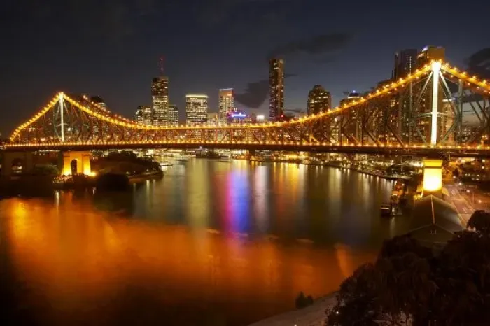 Framed Print : Australia, Queensland, Brisbane, Story Bridge, Brisbane River, and Brisbane Central Business District at Dusk