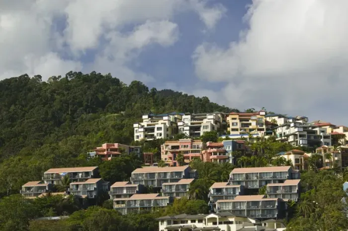 Framed Print : AUSTRALIA, Queensland, Whitsunday Coast, Airlie Beach. Airlie Beach Hillside Condos