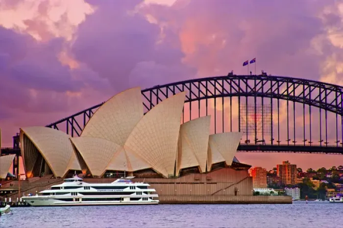 Framed Print : Australia, Sydney, New South Wales, Sydney harbor Bridge and Sydney Opera House at Sunset
