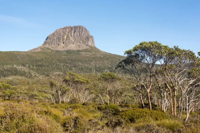 Framed Print : Australia, Tasmania, Cradle Mountain-Lake St Clair National Park. Morning light on Barn Bluff