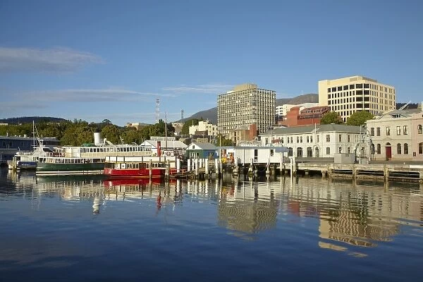 Australia, Tasmania, Hobart, Mt Wellington, Hobart Central Business District, and Tour Boats, Reflected