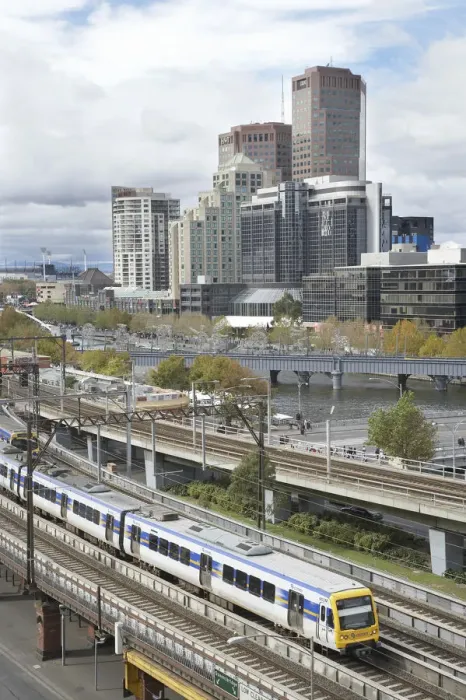 Framed Print : Australia, Victoria, Melbourne, Passenger Train, Yarra River and Office Blocks Framed Print : Australia, Victoria, Melbourne, Passenger Train, Yarra River and Office Blocks