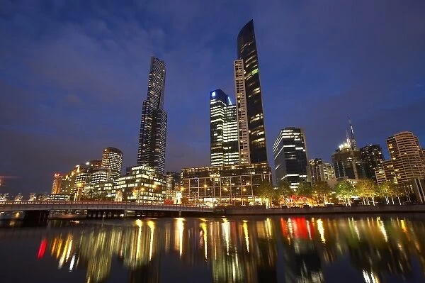 Australia, Victoria, Melbourne, Skyscrapers including Eureka Tower, and Historic Queens Bridge