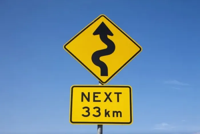 Framed Print : Australia, Victoria, Port Campbell, Winding Road Next 33km warning sign along Great