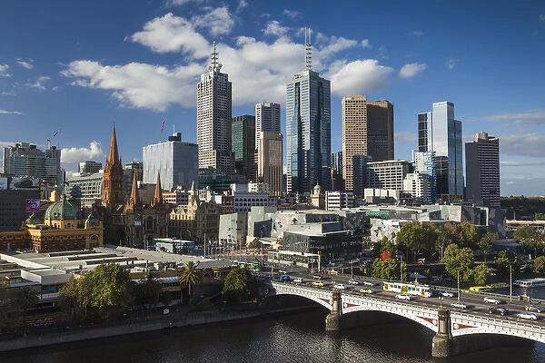 Australia, Victoria, VIC, Melbourne, skyline with Yarra River and Princess Bridge