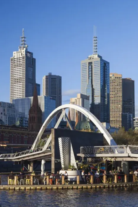 Framed Print : Australia, Victoria, VIC, Melbourne, skyline with Yarra River footbridge, late afternoon Framed Print : Australia, Victoria, VIC, Melbourne, skyline with Yarra River footbridge, late afternoon