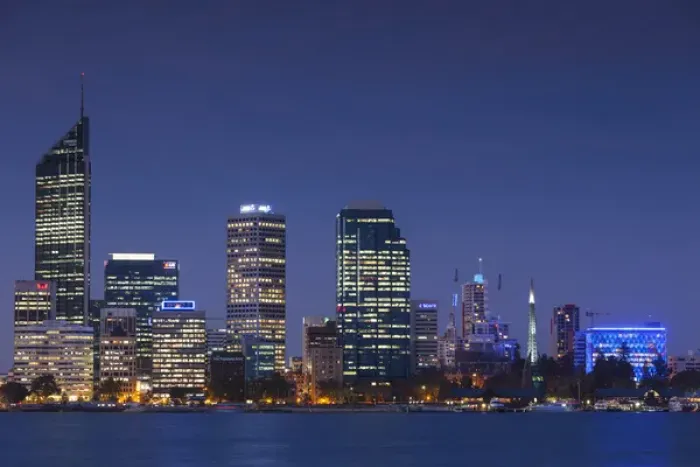 Framed Print : Australia, Western Australia, Perth, city skyline from Swan River, dusk Framed Print : Australia, Western Australia, Perth, city skyline from Swan River, dusk