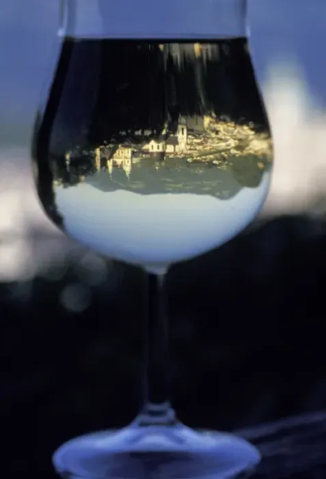 Framed Print : Austria, Salzburg. Old town architecture reflected in a wine glass